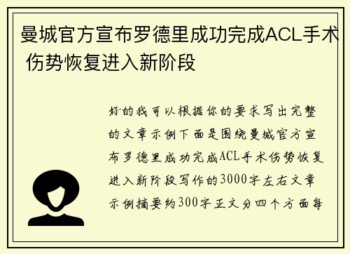 曼城官方宣布罗德里成功完成ACL手术 伤势恢复进入新阶段 曼城官方宣布罗德里成功完成ACL手术 伤势恢复进入新阶段
