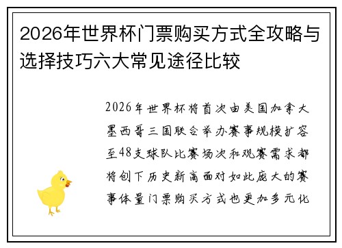 2026年世界杯门票购买方式全攻略与选择技巧六大常见途径比较